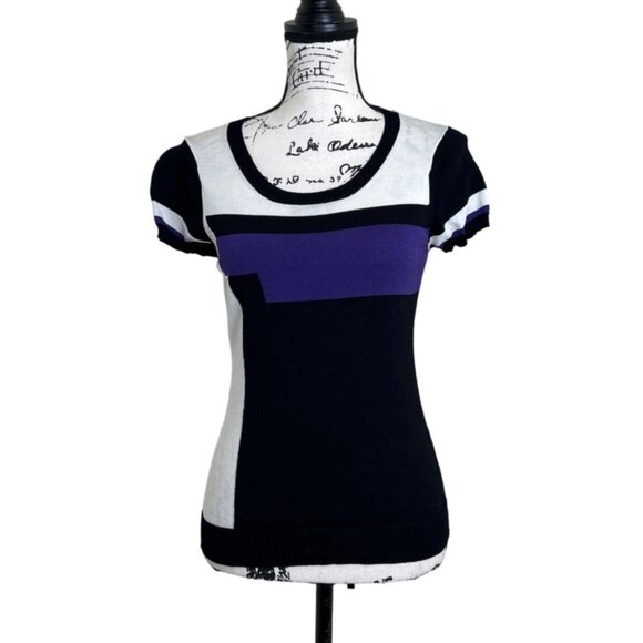 Worth Tops - W by Worth Women's Knit Top Short Sleeve Sweater Color Block Black Purple White